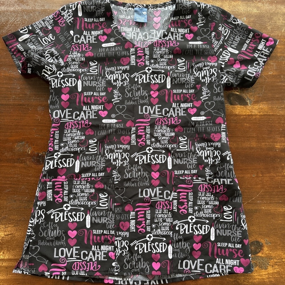 Zoe + Chloe Scrub Top "Blessed" Angels‎ Nurse Hearts Stethoscope SZ XS Adorable